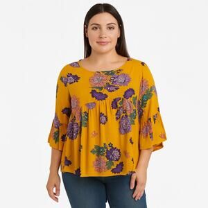 Cool Melon Women’s Medium Yellow Floral Babydoll Blouse 3/4 Bell Sleeve
